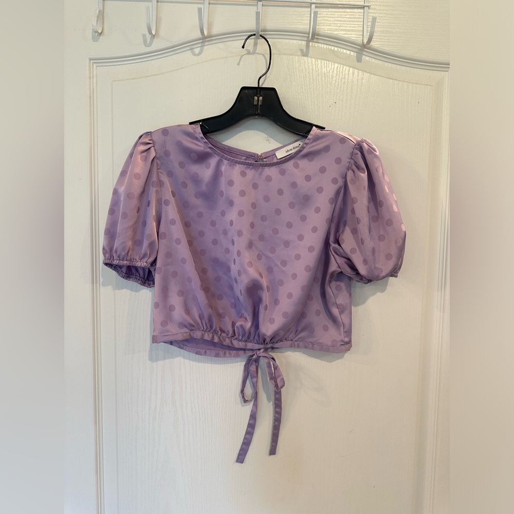 Idem Ditto Purple lavender polka dot satin open back Crop Top sz medium